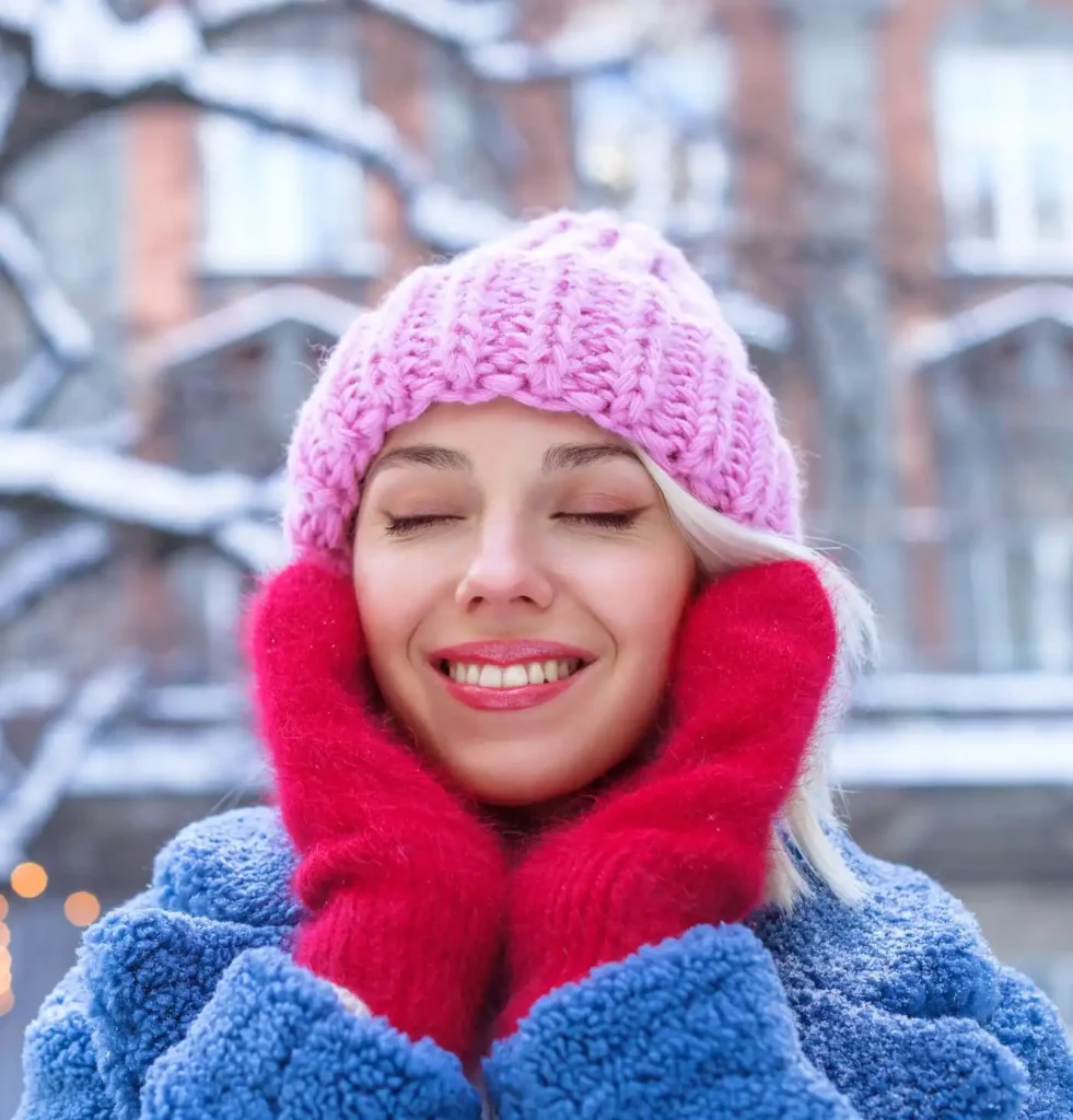 cozy woman flaunting her smooth skin in the winter