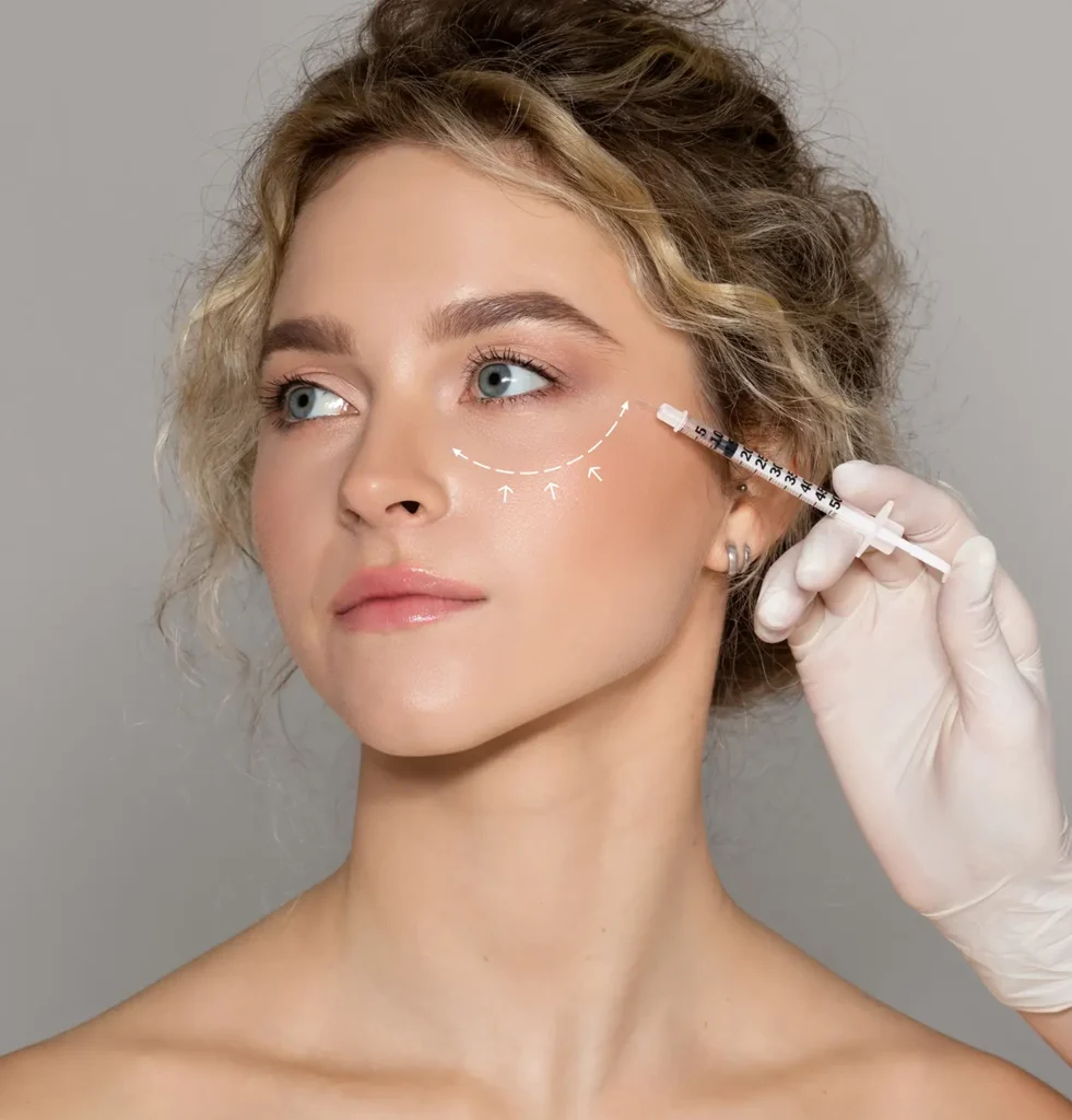 beautiful happy woman receiving facial injection